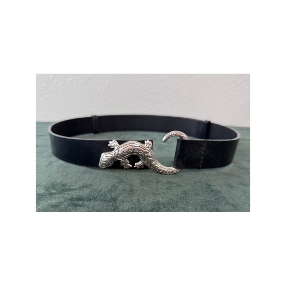 Chicos Belt Women M/L Black Leather Lizard Gecko Silver Hook Buckle Statement
